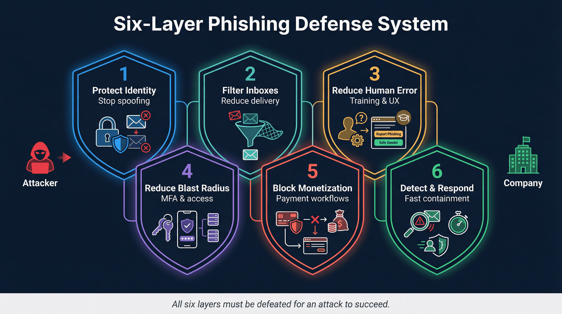 Six-layer email phishing defense system diagram showing interconnected shields numbered 1 through 6, each labeled with a defense layer name