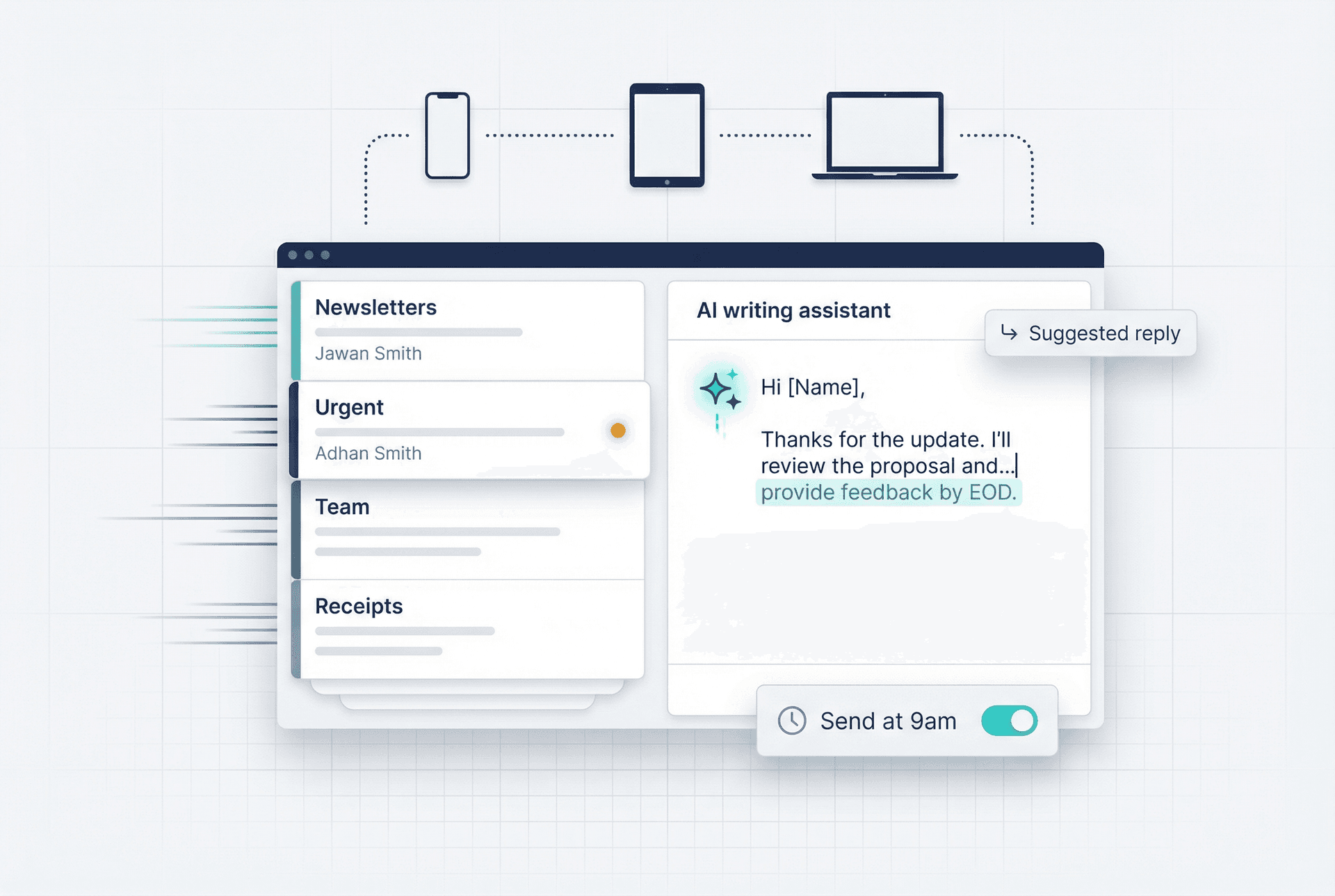 Modern AI-powered email inbox dashboard with smart bundles, AI writing assistant panel, and cross-device availability icons