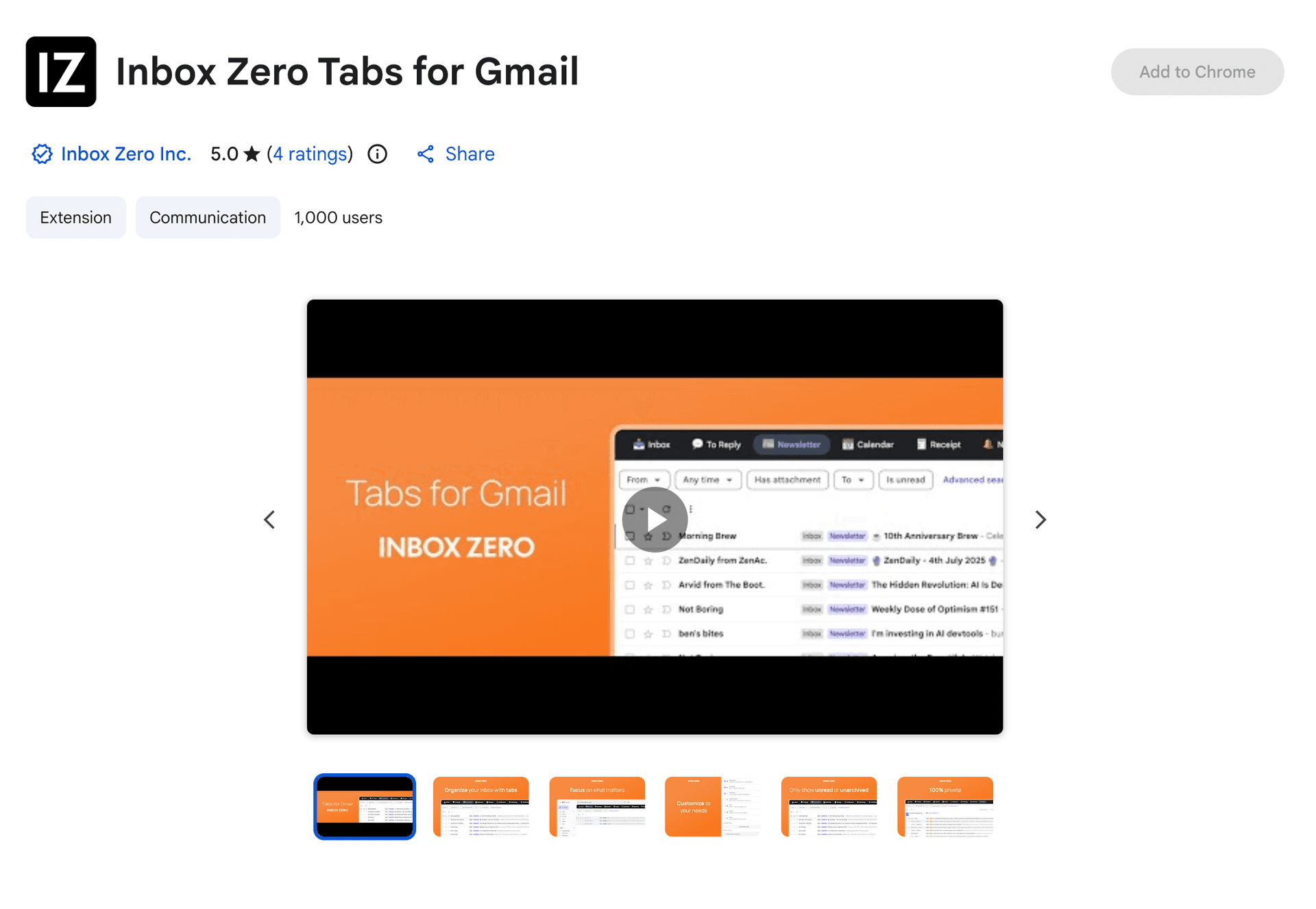 Inbox Zero Tabs for Gmail Chrome Web Store listing showing 5-star rating and 1,005 users with no data collection policy