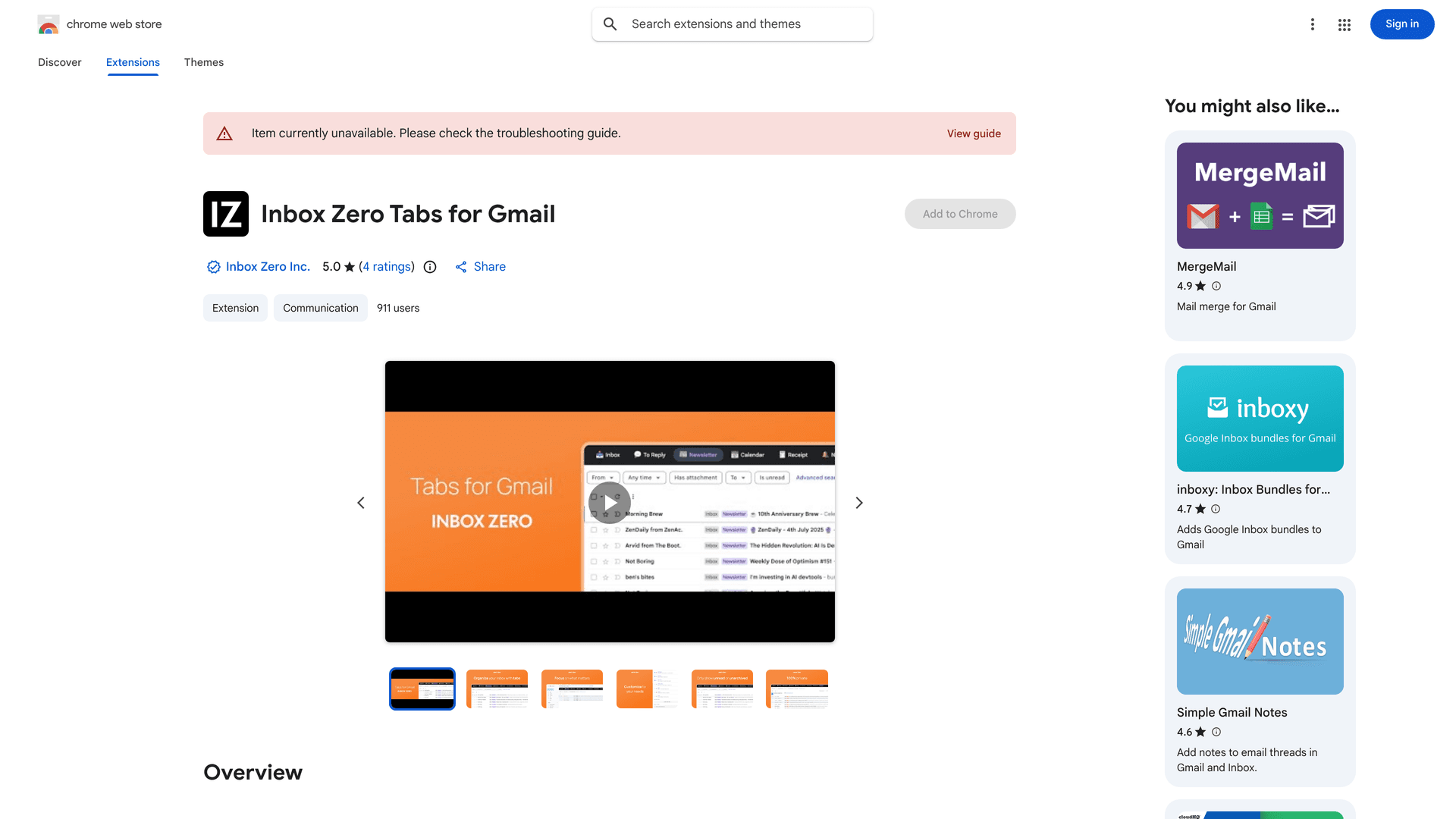 Inbox Zero Tabs for Gmail Chrome extension page showing custom tab features