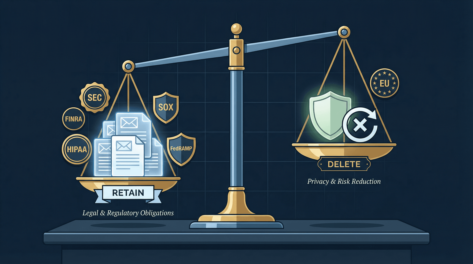 Editorial illustration of a balance scale weighing regulatory retention obligations against GDPR privacy deletion requirements for enterprise email compliance