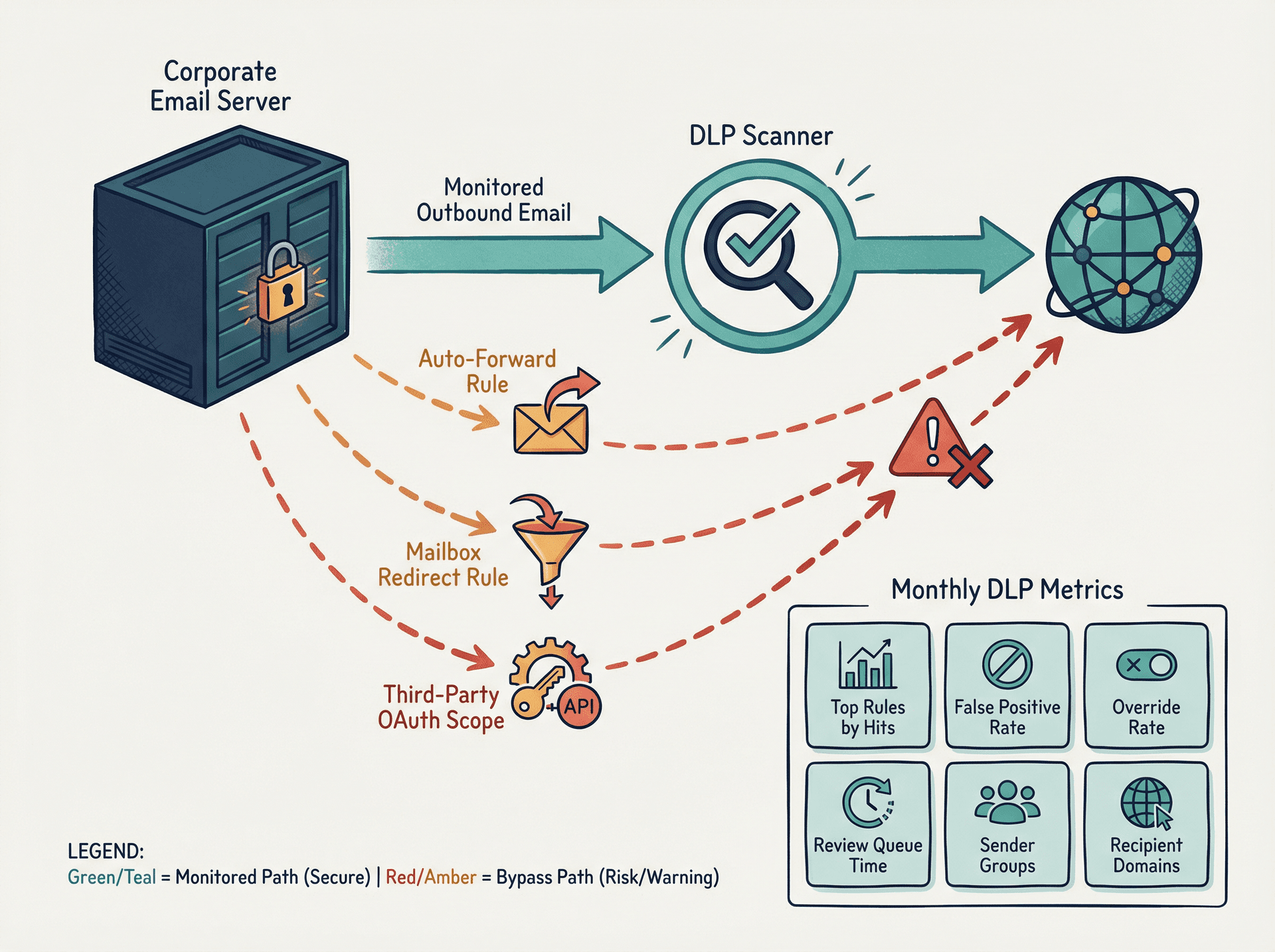 Email DLP diagram: guarded outbound path vs. three silent exfil routes — auto-forwarding, mailbox redirects, OAuth scopes